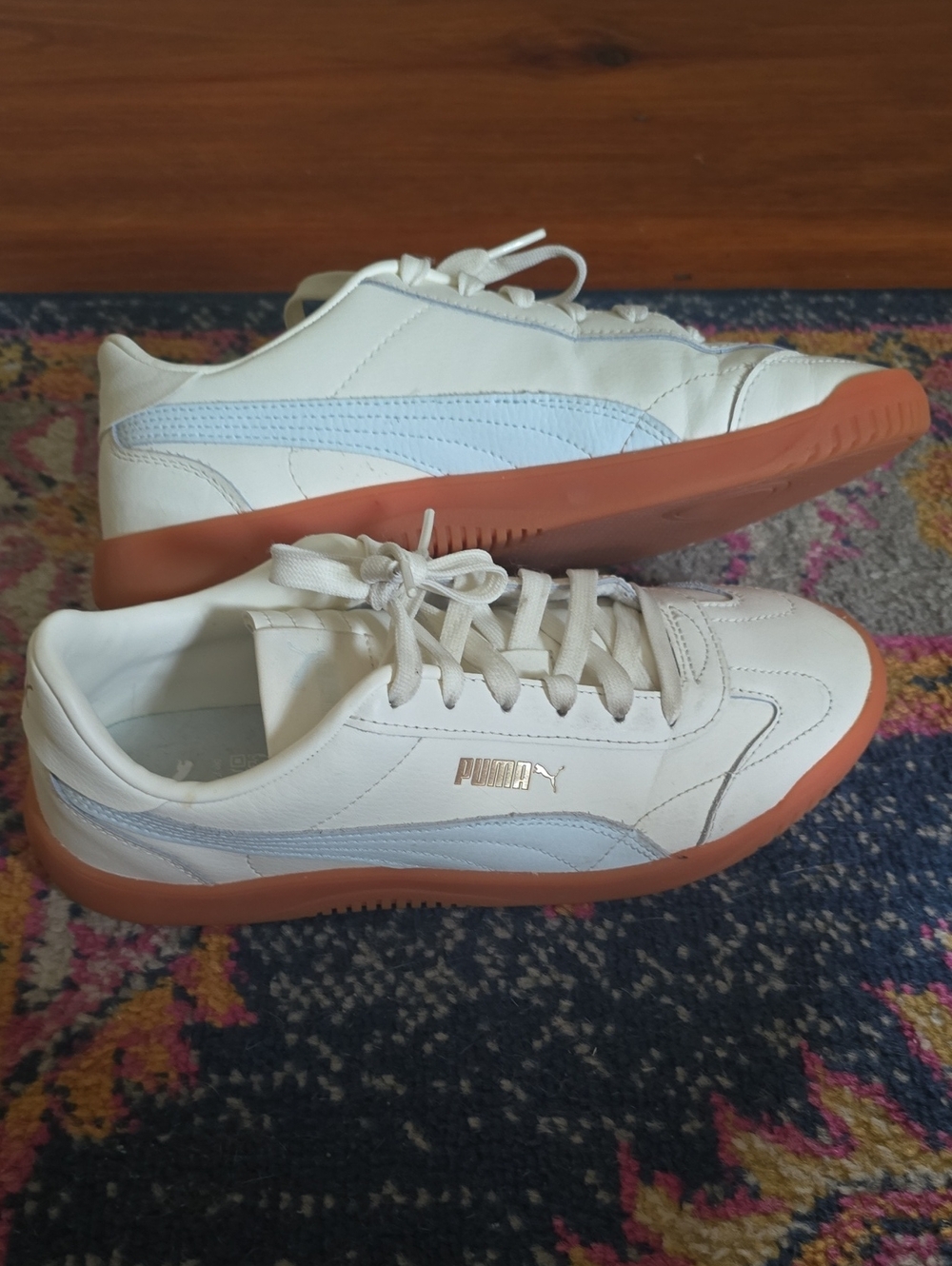 Puma Men’s White Sneakers with Light Blue Stripe and Gum Sole